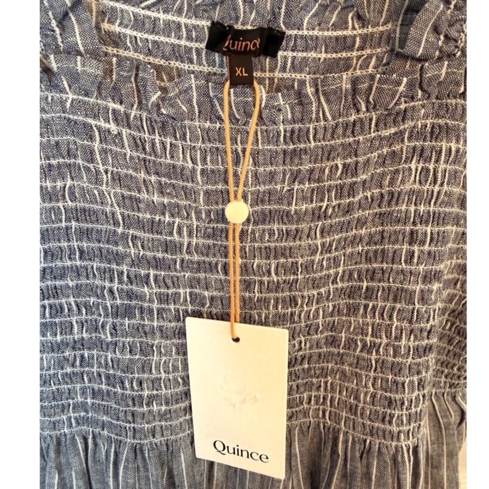 Quince Women XL Blue White Striped 100% Linen Smocked Tiered Maxi Dress NWT - Picture 3 of 8